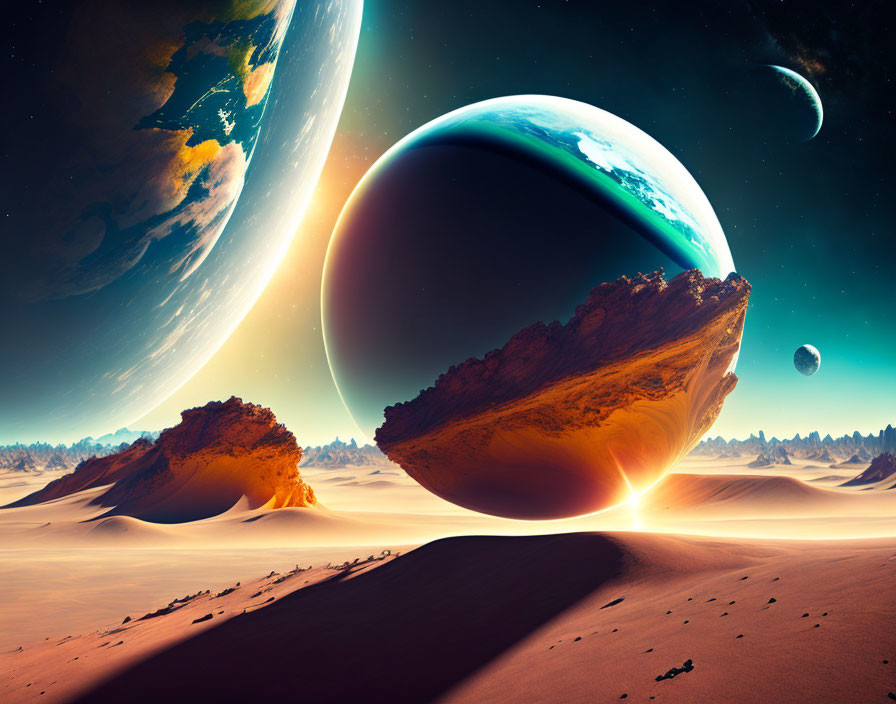 Surreal space scene with planets, desert landscape, levitating landmass