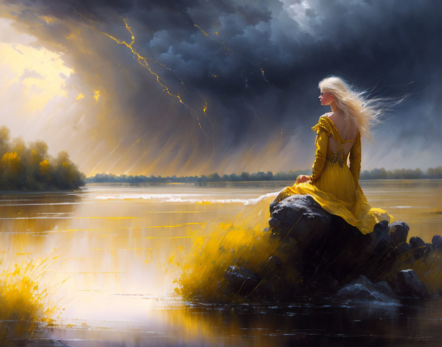 Woman in Yellow Dress Contemplating Stormy Sky by Lake