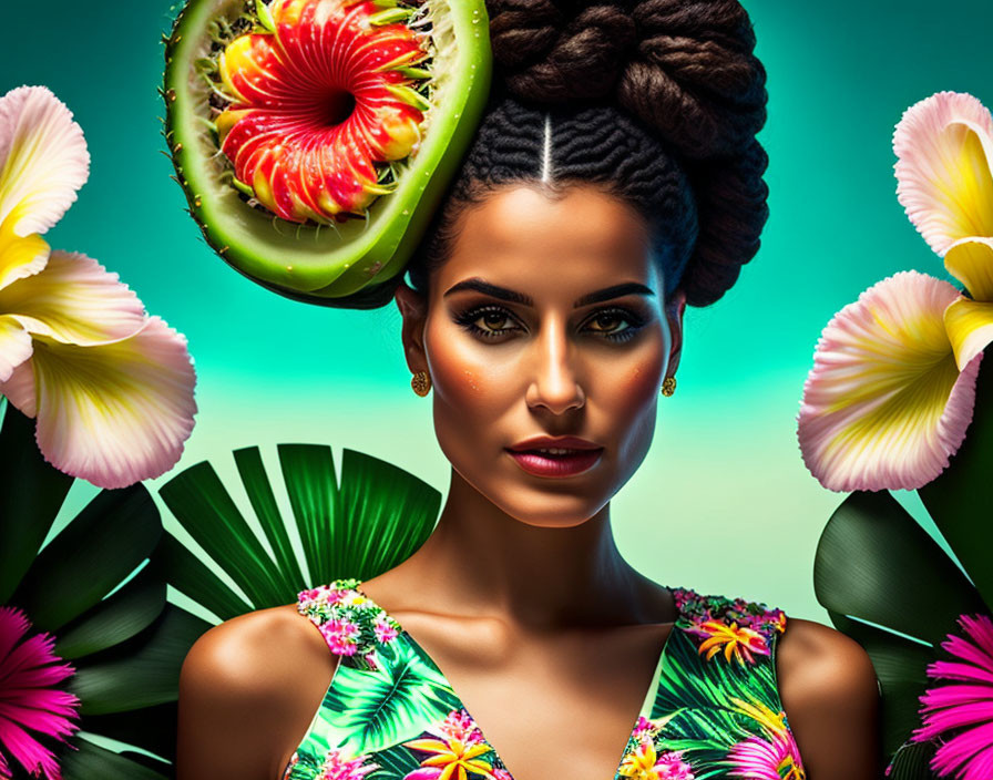 Exotic woman with fruit hat and floral dress in tropical setting