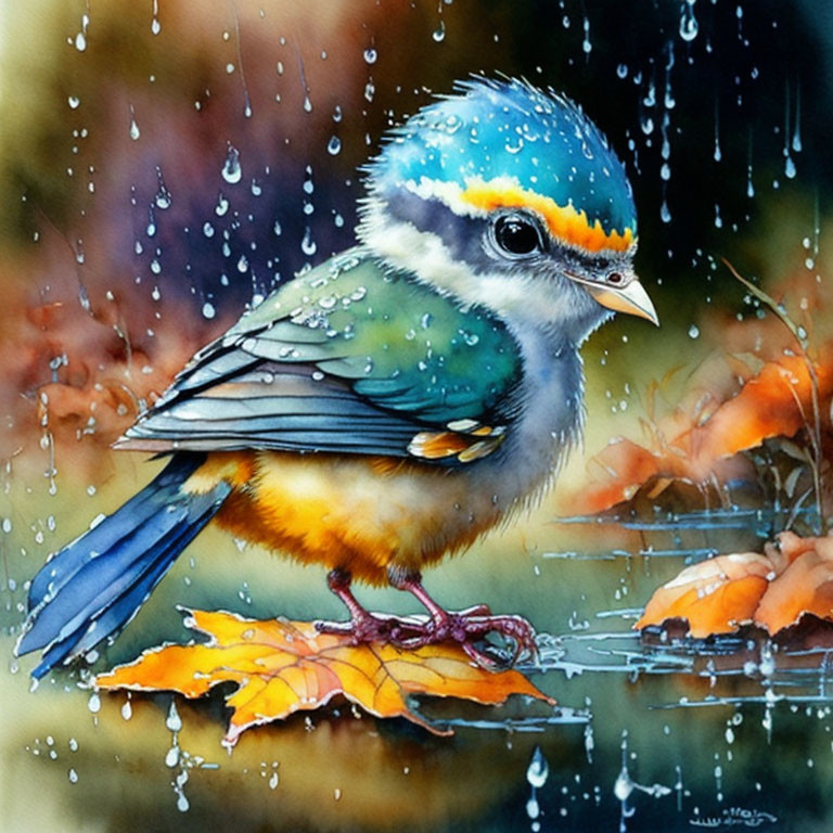 Vibrant bird with blue head and yellow-orange body perched in autumn rain.