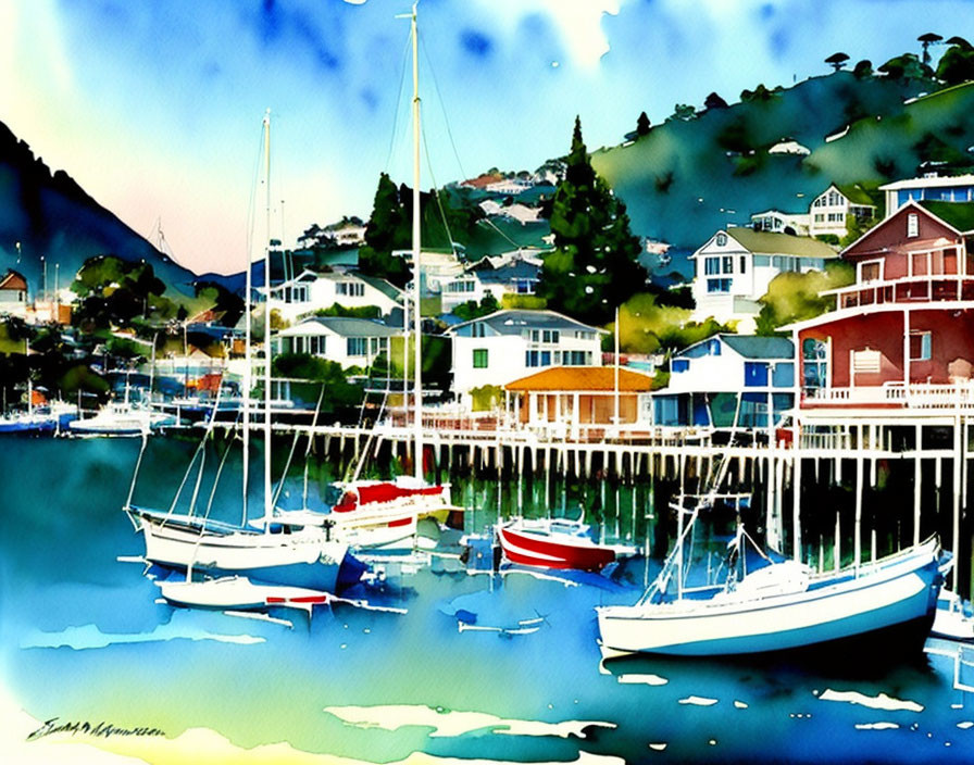 Serene harbor watercolor painting with sailboats and waterfront houses