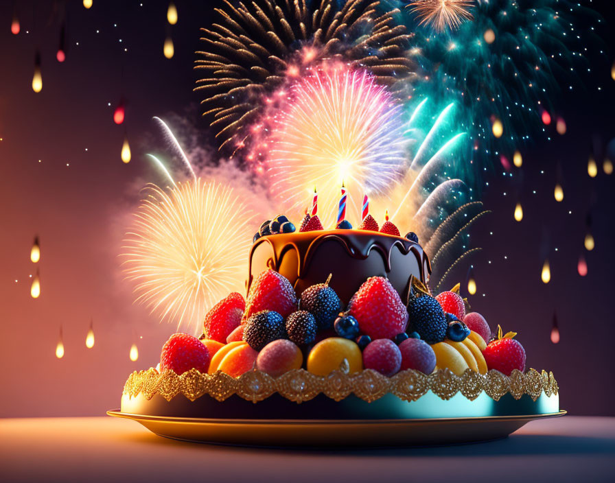 Colorful Birthday Cake with Fruits, Candles, Fireworks, and Droplets