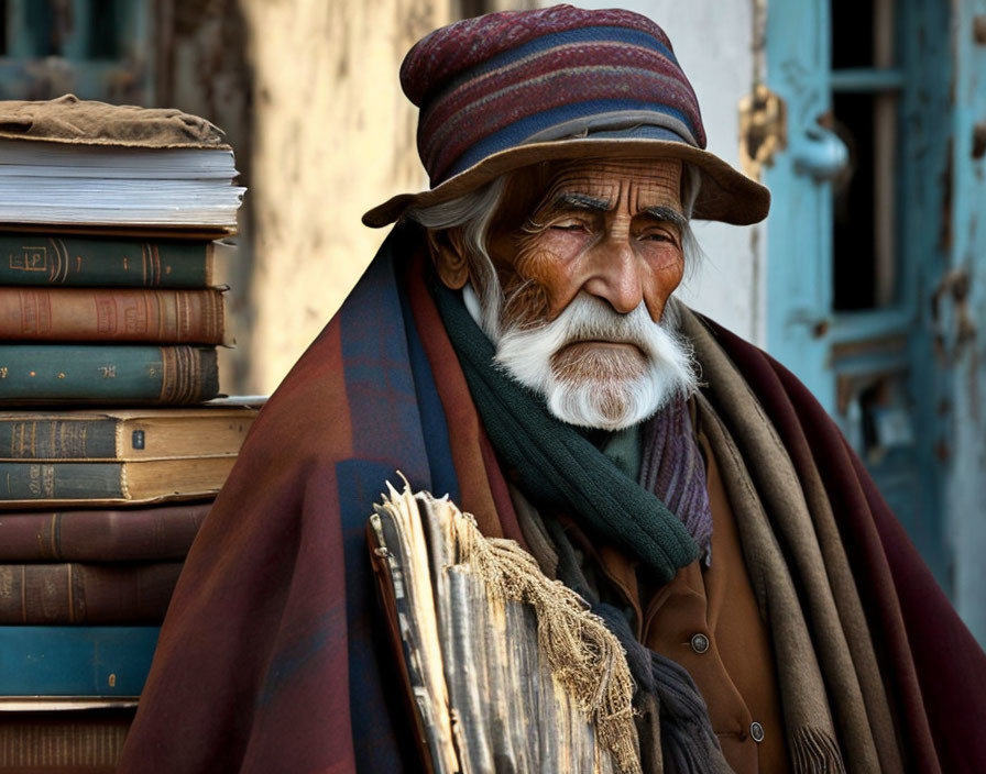 Elderly man in hat with shawl beside old books and sticks