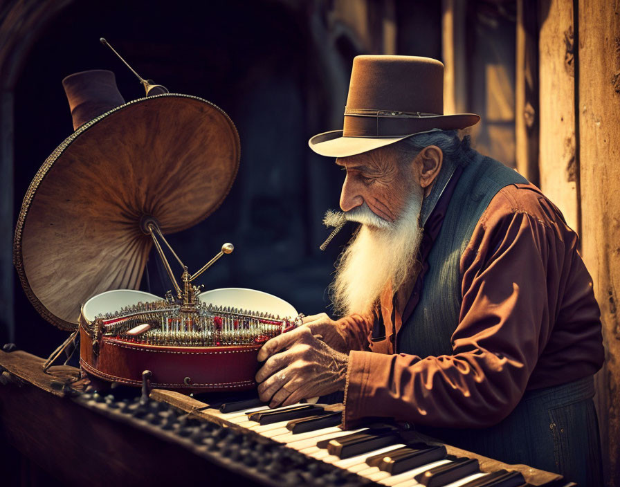 Elderly man playing hurdy-gurdy with beard and hat, smoking pipe.