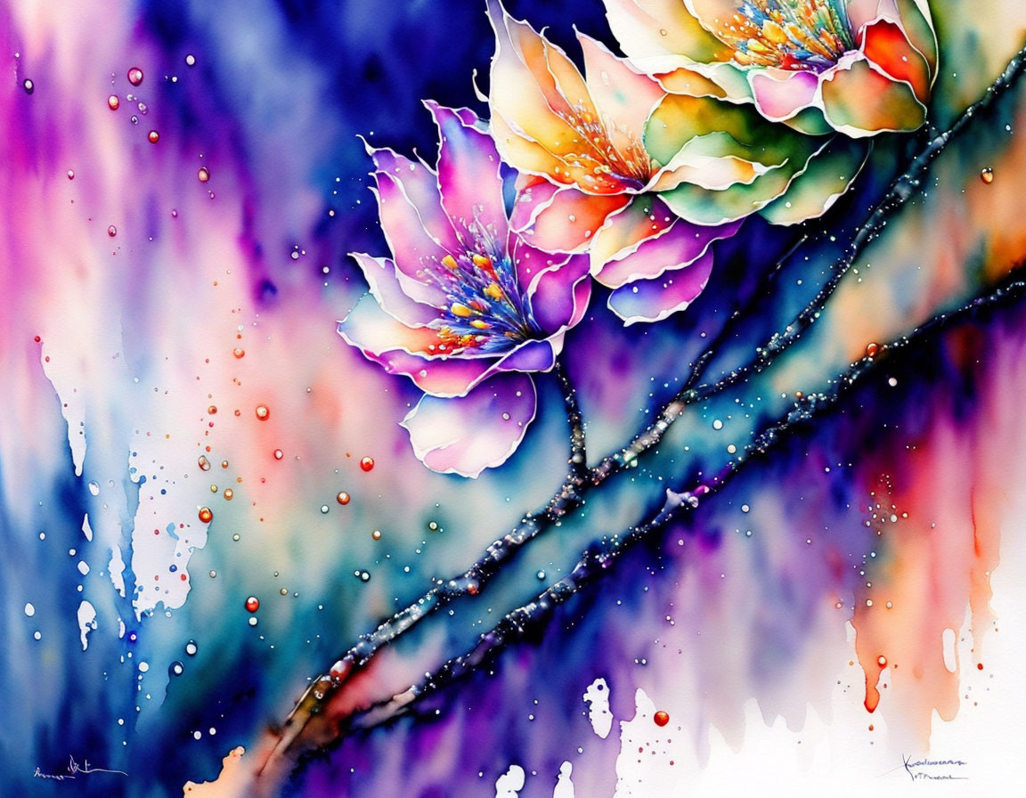 Colorful Watercolor Painting of Flowers on Speckled Purple, Blue, and Pink Background