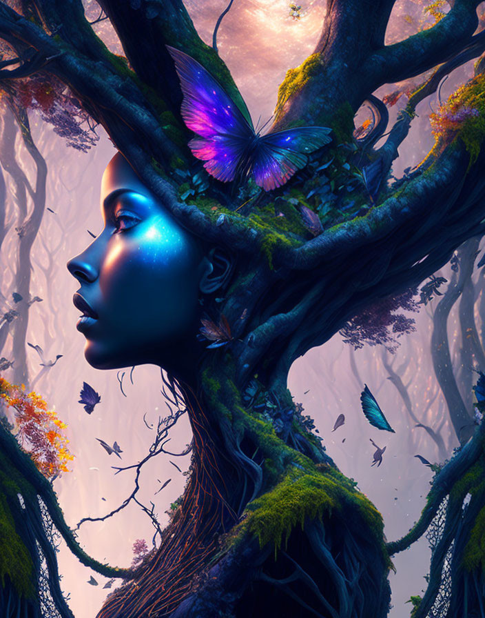 Surreal image: Woman's profile merging with tree bark, lush foliage, moss, and butterflies