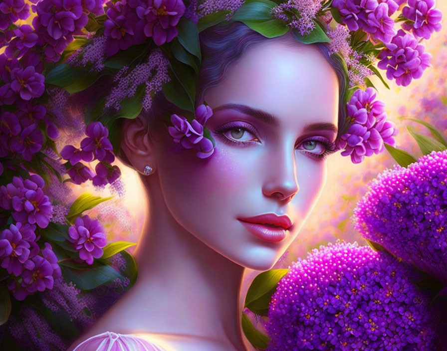 Digital illustration: Woman with violet eyes and floral wreath among purple flowers