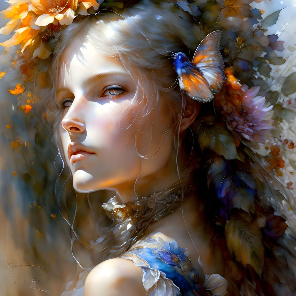 Woman with serene expression, flowers, and butterfly in digital painting