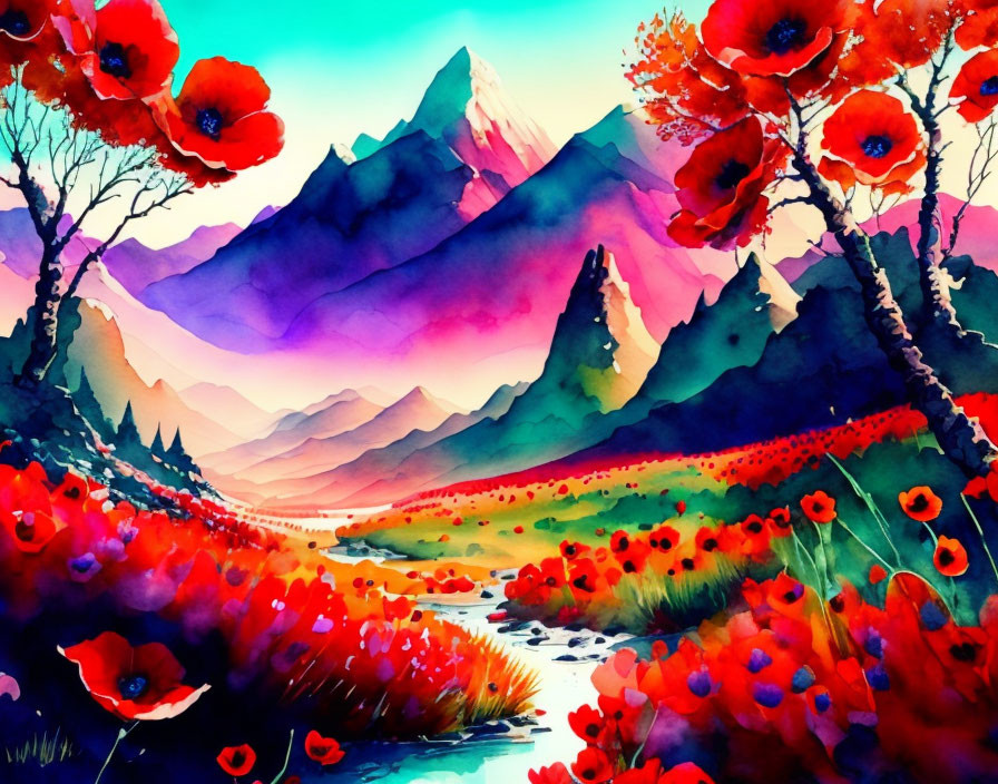 Colorful watercolor landscape: red poppies, path, purple mountains, radiant sky