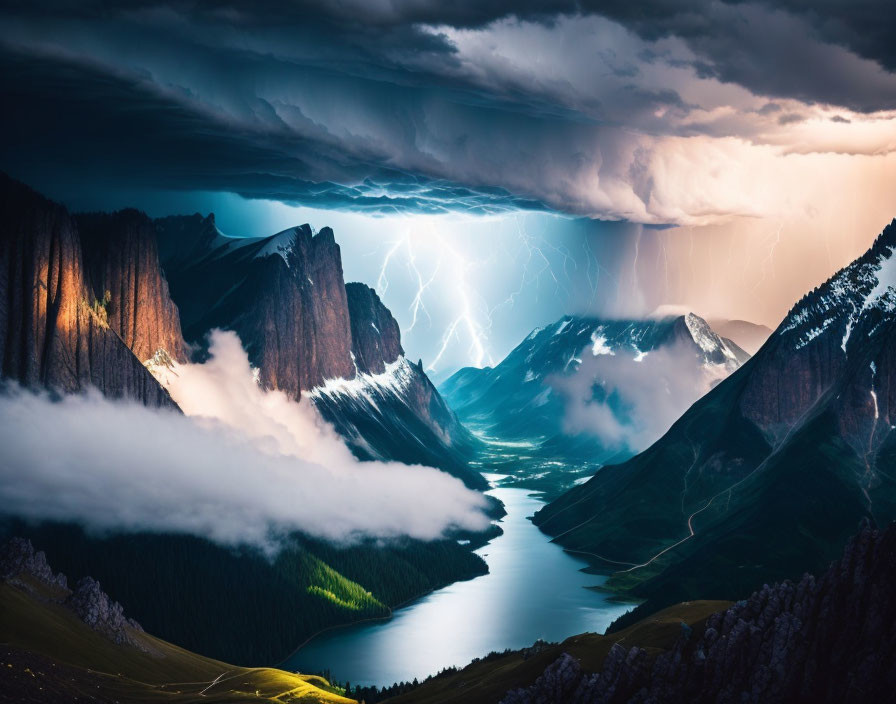 Thunderstorm over illuminated mountains and winding river landscape.