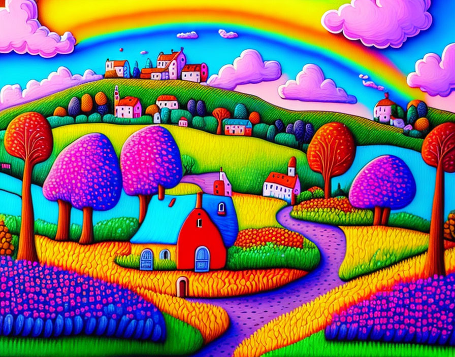 Colorful landscape with whimsical trees, rolling hills, rainbow, and charming houses.