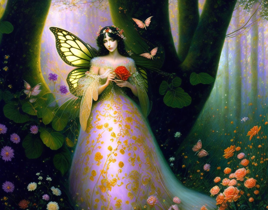 Mystical fairy in enchanted forest with red flowers and butterflies