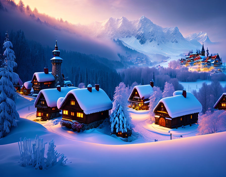 Winter village scene: snow-covered buildings, mountains, and trees at dusk under a purple sky