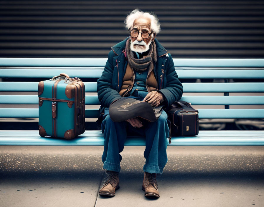 Elderly man with white hair and beard on blue bench with suitcases