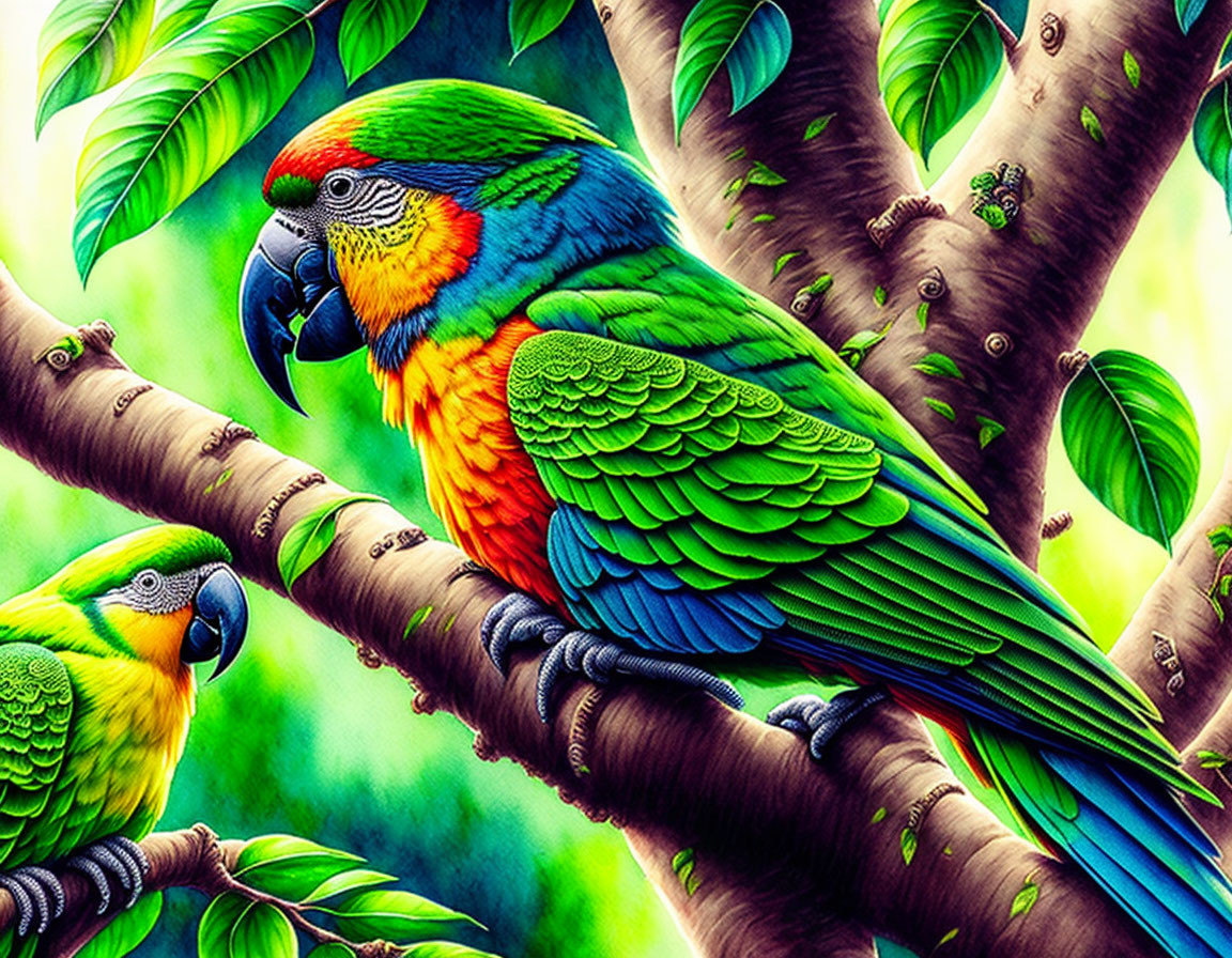 Colorful Parrots Perched on Tree Branches in Lush Green Foliage