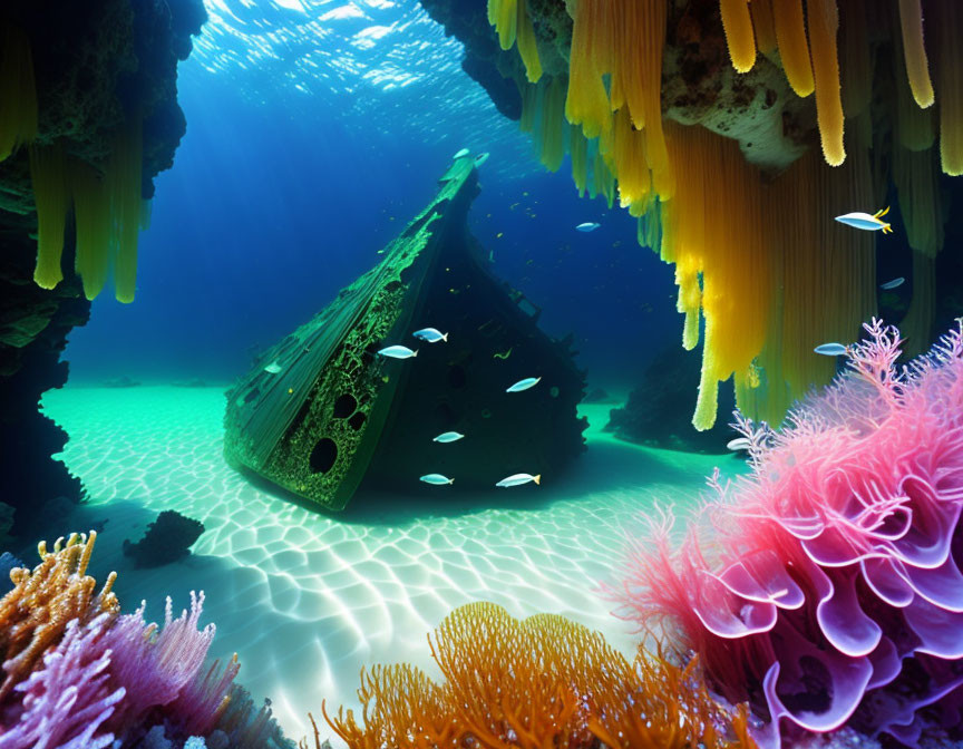 Underwater sunken shipwreck with coral and fish in sunlight