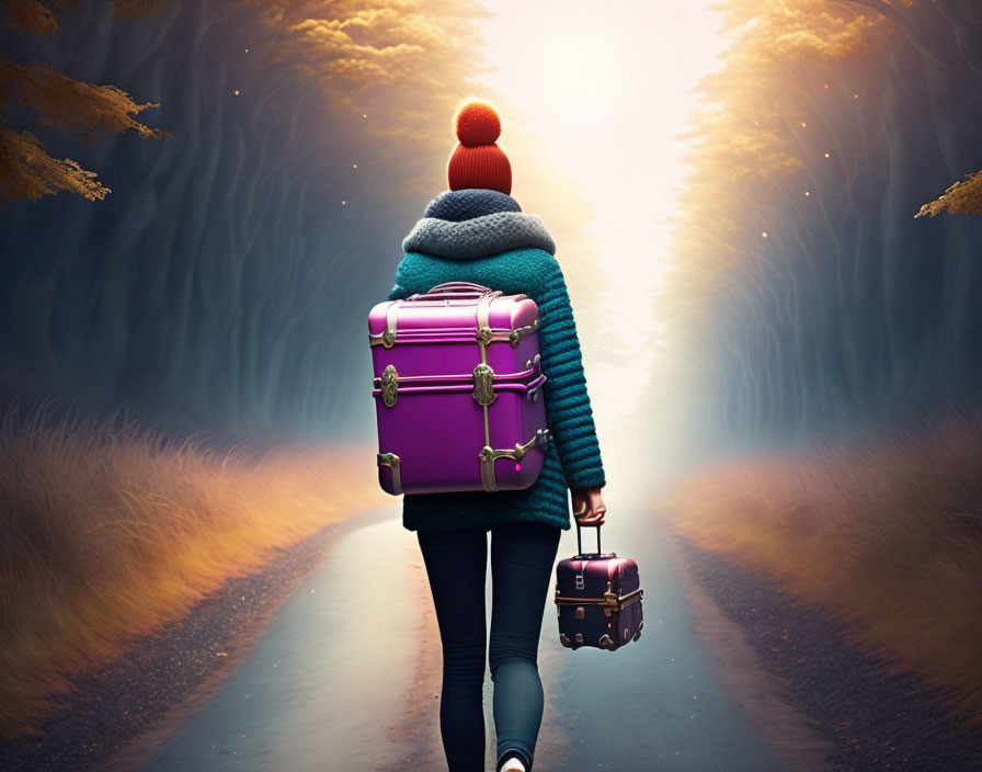 Person walking on misty tree-lined road with purple suitcase, brown case, green jacket, red be