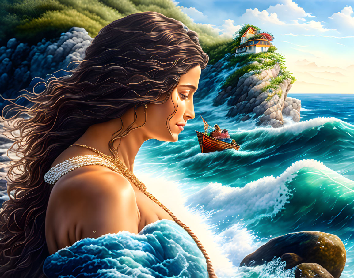 Woman with flowing hair gazes at turbulent sea with boat, cliffs, and house