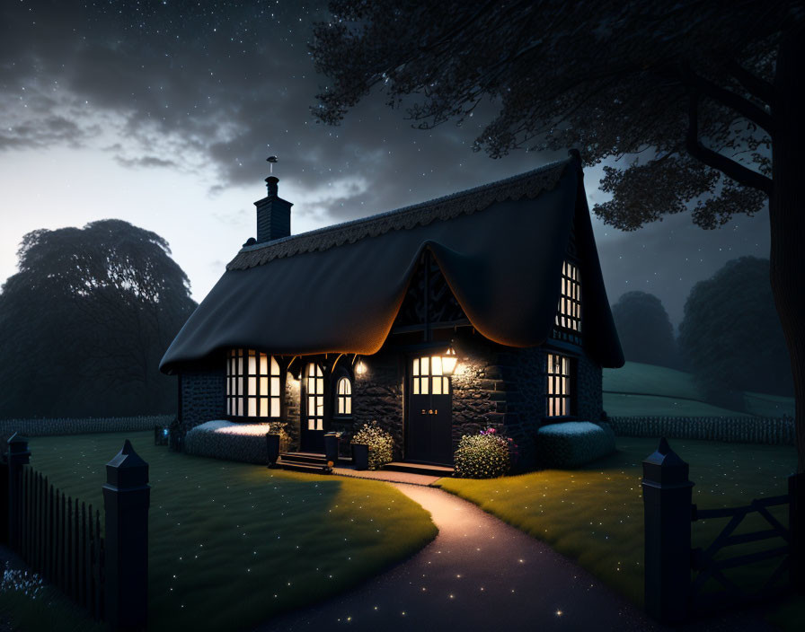 Cozy illuminated cottage in serene night landscape