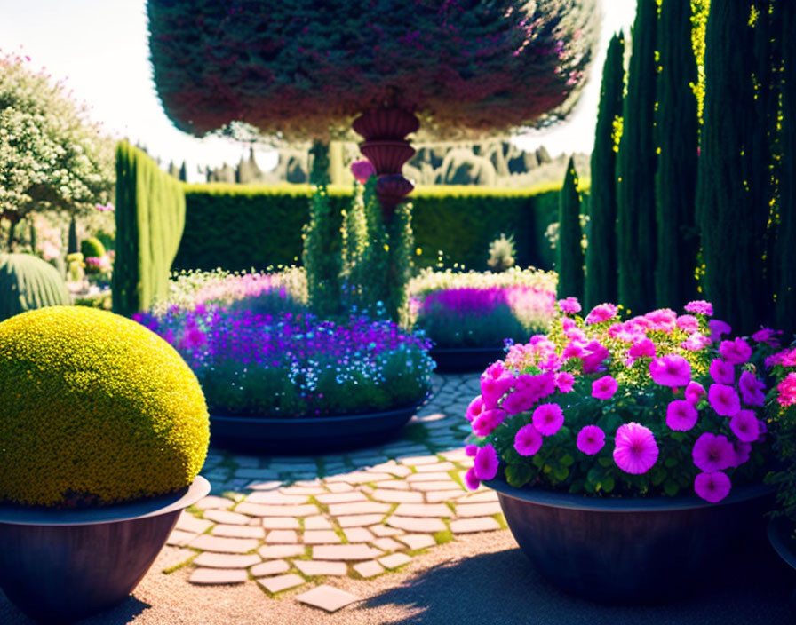 Lush Garden with Sculpted Shrubs and Pink Blooms