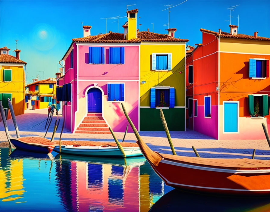 Colorful Houses Along Canal with Moored Boats and Blue Sky