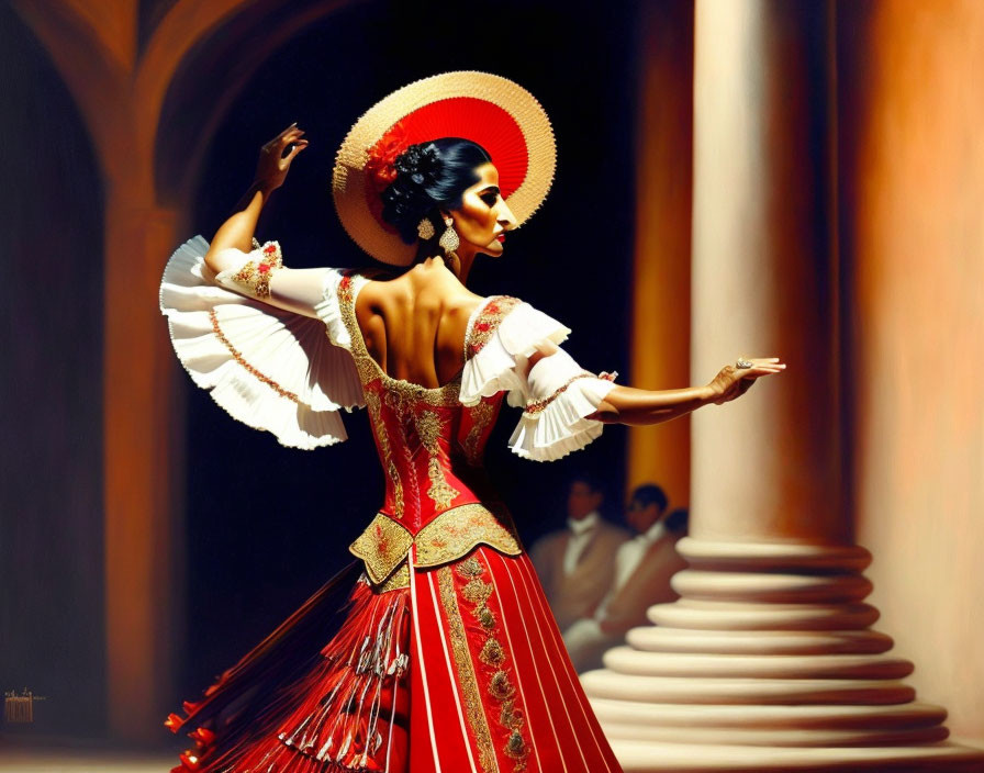 Traditional Spanish Flamenco Dance Performance with Musicians in Background