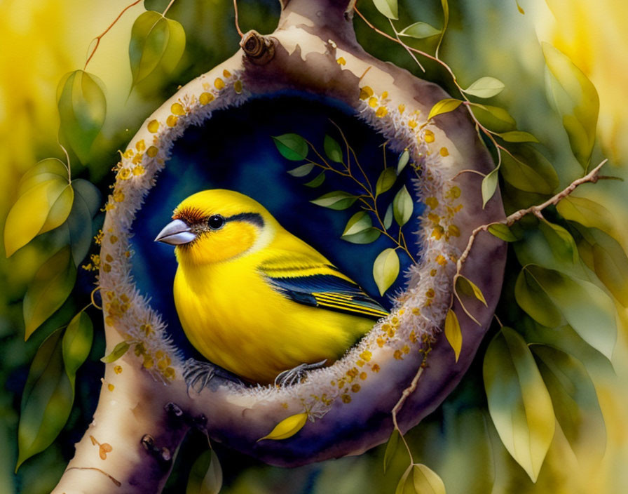 Yellow bird with black streaks in tree hollow surrounded by green foliage and white flowers.