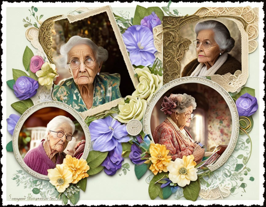 Four elderly women in floral and vintage frames collage.