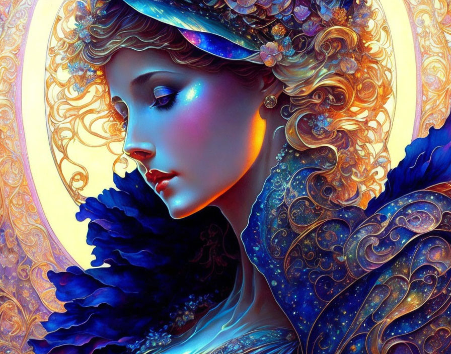 Fantastical portrait of woman with curly hair and ornate headpiece in blue feathered outfit