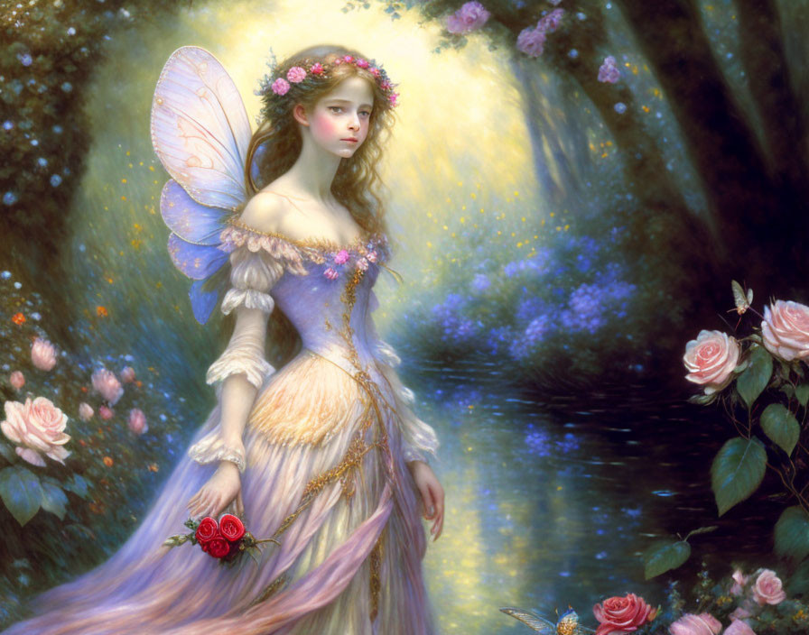 Ethereal fairy in pastel gown with wings in rose-filled garden