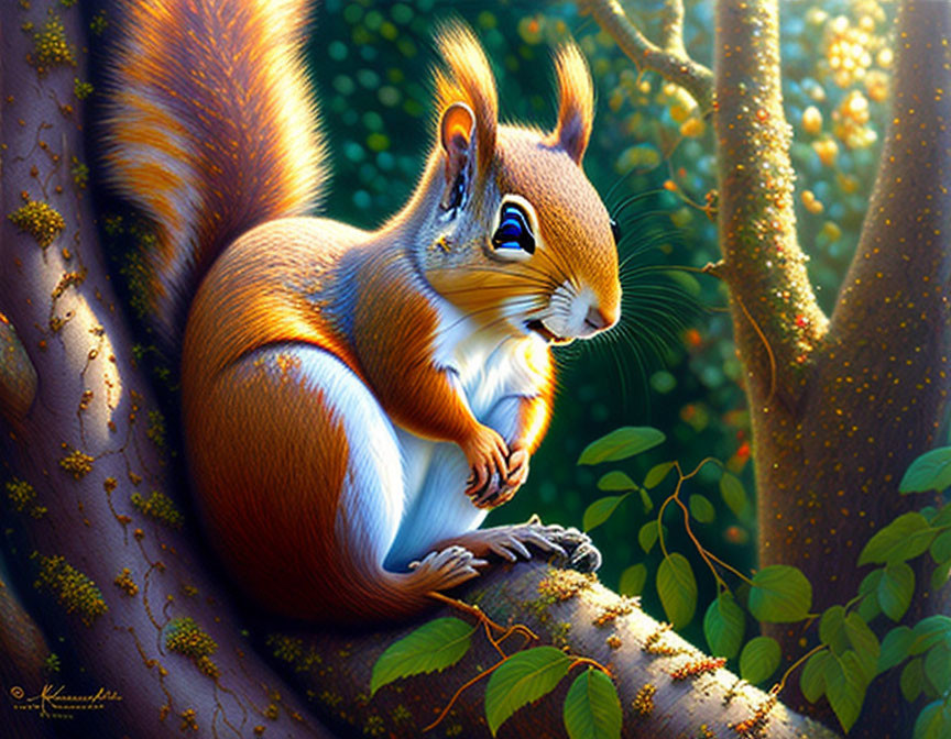 Illustration: Red squirrel on tree branch with green leaves and sunlight.