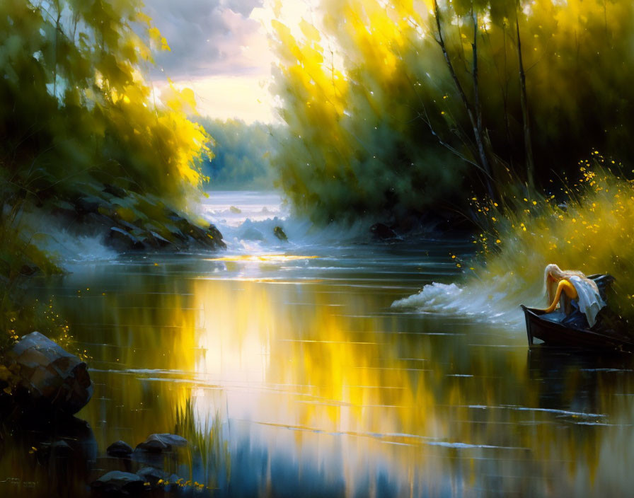 Tranquil river scene with person by glowing foliage