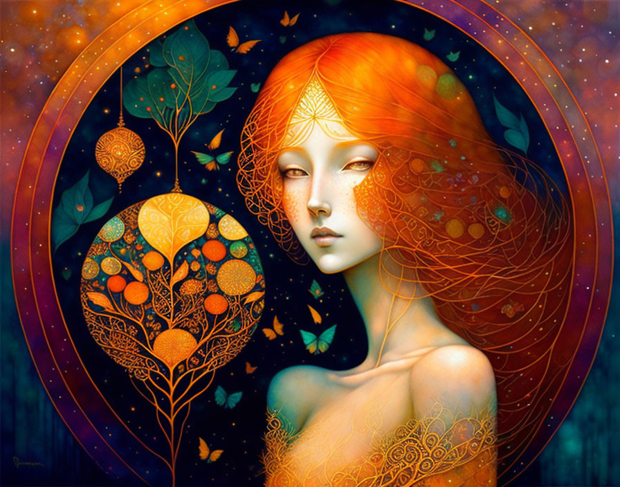 Fantasy illustration of woman with red hair in cosmic setting