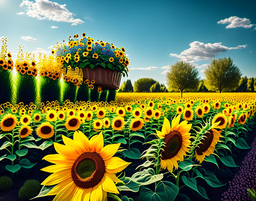 Sunflower Field with Floating Flowers Basket in Clear Blue Sky