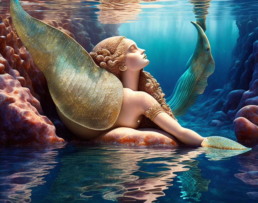 Golden-scaled mermaid resting with fish and corals underwater