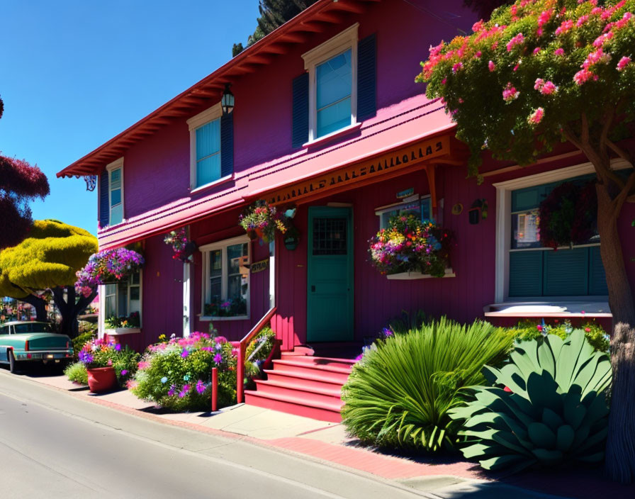 Colorful Building with Flowers, Red Stairs, Green Doors, Vintage Car