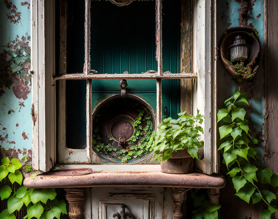 Weathered window with peeling paint, ivy, and potted plant for a vintage look