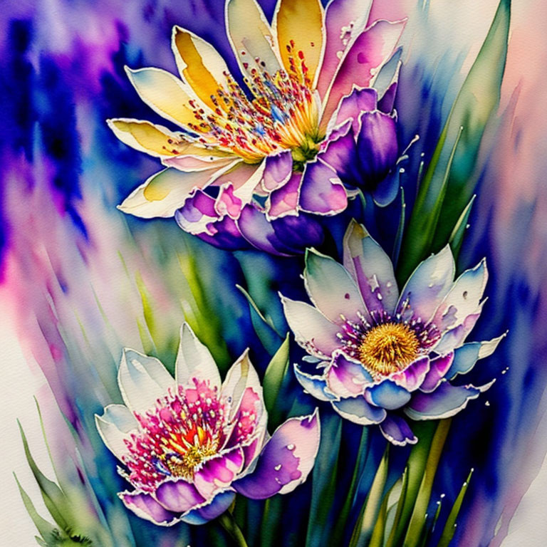 Colorful Watercolor Painting of Three Lotus Flowers on Purple and Blue Background