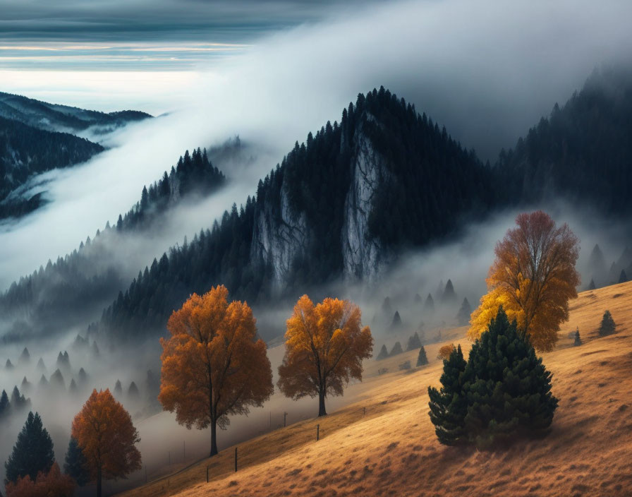 Rolling hills, foggy forest, autumn trees under dramatic sky