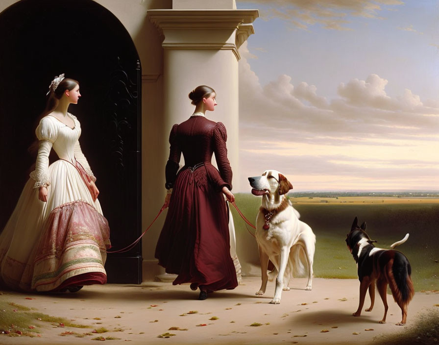 Elegantly dressed women with dogs in 19th-century attire on classical portico