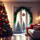 Festive Christmas living room with tree, wreath, stockings, presents, and sofa