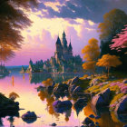 Tranquil painting of magical castle by lake at sunset