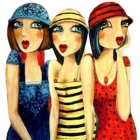 Three Women in Vintage Hairstyles and Colorful Hats in Retro Clothing