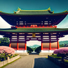 Japanese Shrine Entrance with Torii Gate and Manicured Garden