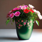 Colorful Mixed Flower Bouquet in Green Vase on Table with Gradient Background