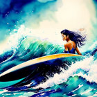 Long-haired woman surfing vibrant wave under colorful sky