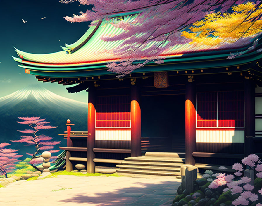 Japanese Temple with Cherry Blossoms and Mount Fuji View