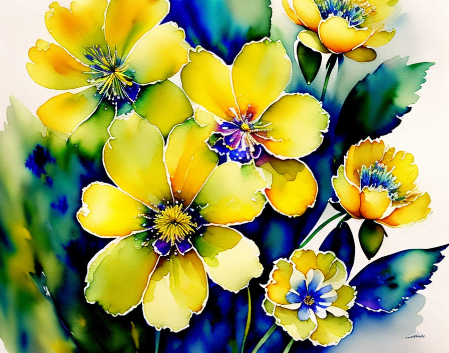 Yellow Flowers Watercolor Painting with Blue Accents and Green Leaves