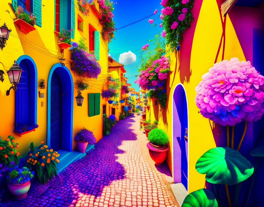 Colorful street scene with yellow and blue buildings, cobblestone path, and blooming flowers under