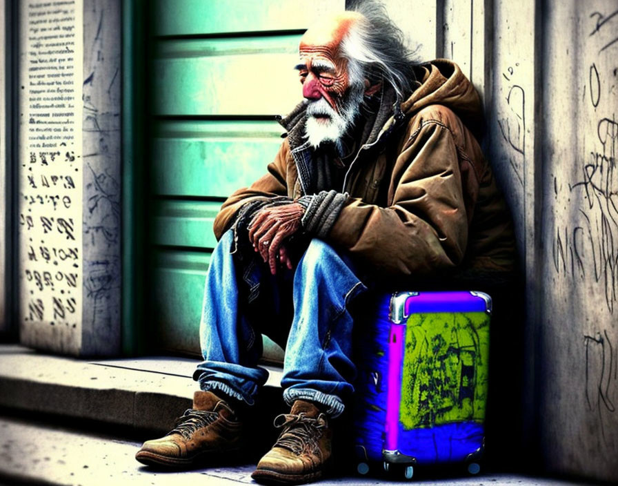 Elderly man with white beard on concrete steps next to colorful suitcase